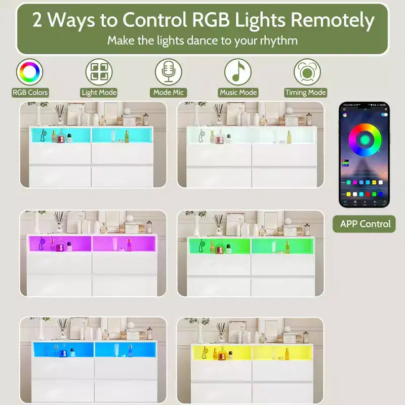 Comò moderno a 6 cassetti con luci LED e stazione di ricarica – Mobile TV doppio