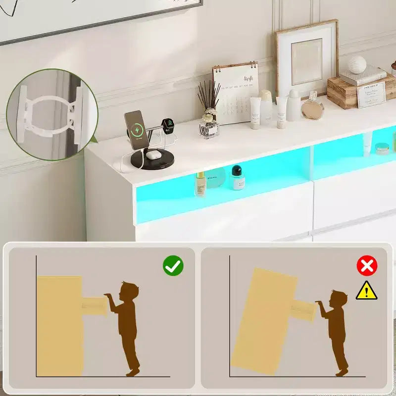 Comò moderno a 6 cassetti con luci LED e stazione di ricarica – Mobile TV doppio