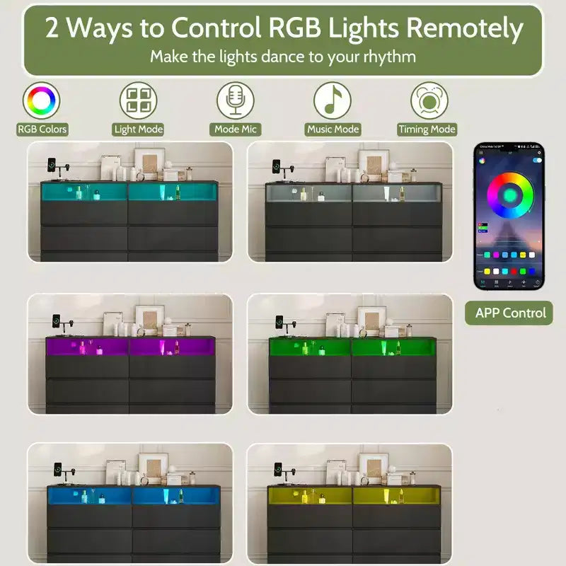 Comò moderno a 6 cassetti con luci LED e stazione di ricarica – Mobile TV doppio