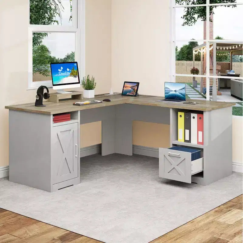 Scrivania angolare a L da 60" con cassetto portadocumenti, armadietto e prese di corrente – Ufficio domestico