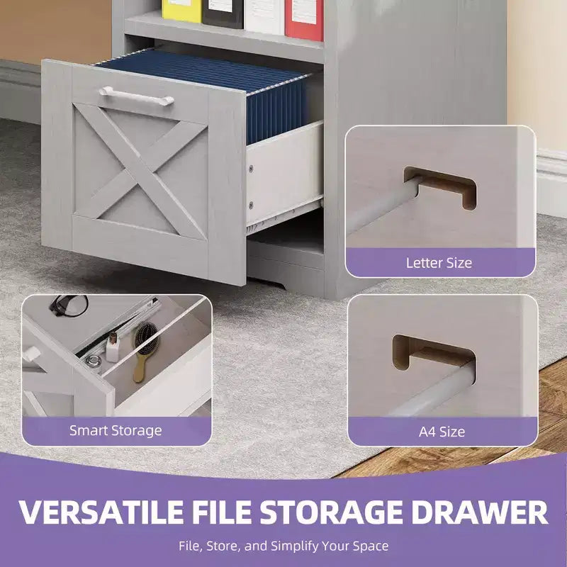 Scrivania angolare a L da 60" con cassetto portadocumenti, armadietto e prese di corrente – Ufficio domestico