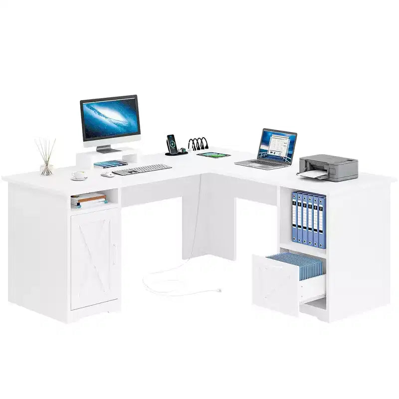 Scrivania angolare a L da 60" con cassetto portadocumenti, armadietto e prese di corrente – Ufficio domestico