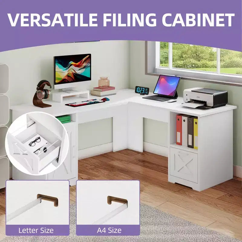 Scrivania angolare a L da 60" con cassetto portadocumenti, armadietto e prese di corrente – Ufficio domestico