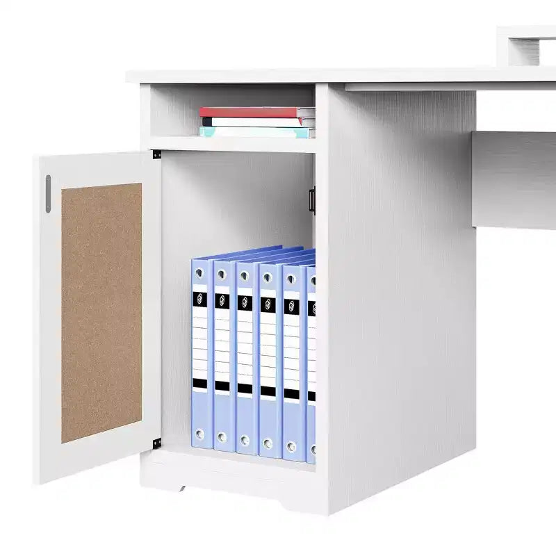 Scrivania angolare a L da 60" con cassetto portadocumenti, armadietto e prese di corrente – Ufficio domestico
