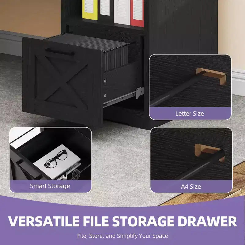 Scrivania angolare a L da 60" con cassetto portadocumenti, armadietto e prese di corrente – Ufficio domestico