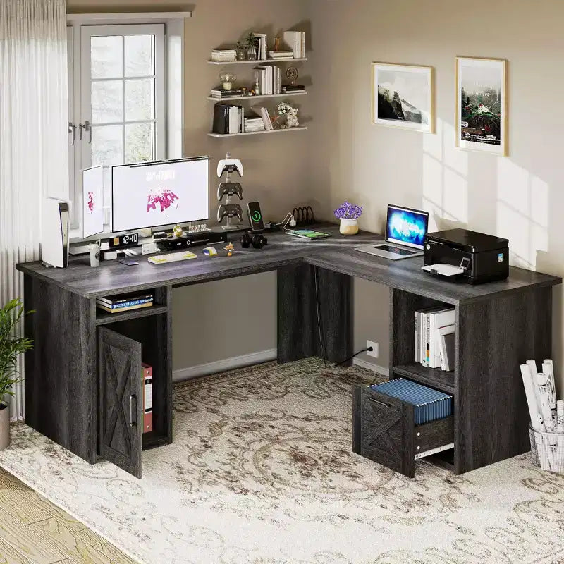 Scrivania angolare a L da 60" con cassetto portadocumenti, armadietto e prese di corrente – Ufficio domestico