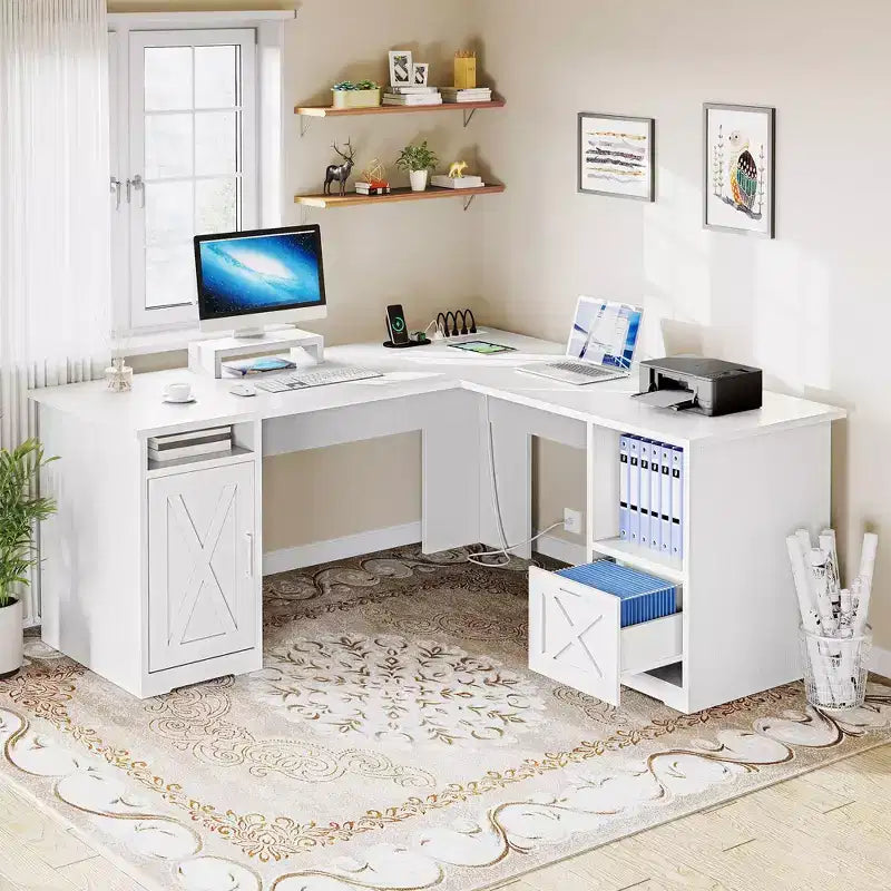 Scrivania angolare a L da 60" con cassetto portadocumenti, armadietto e prese di corrente – Ufficio domestico