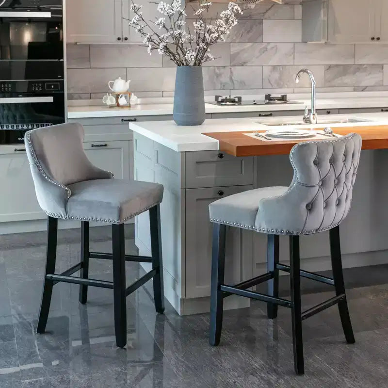 Set di 2 Moderni Sgabelli da Bancone in Velluto con Schienale Alto – Altezza Fissa 67.8 cm, per Cucina e Caffetteria