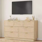Comò in rattan a 7 cassetti, larghezza 55", con maniglie in metallo e base in legno – Camera da letto e soggiorno
