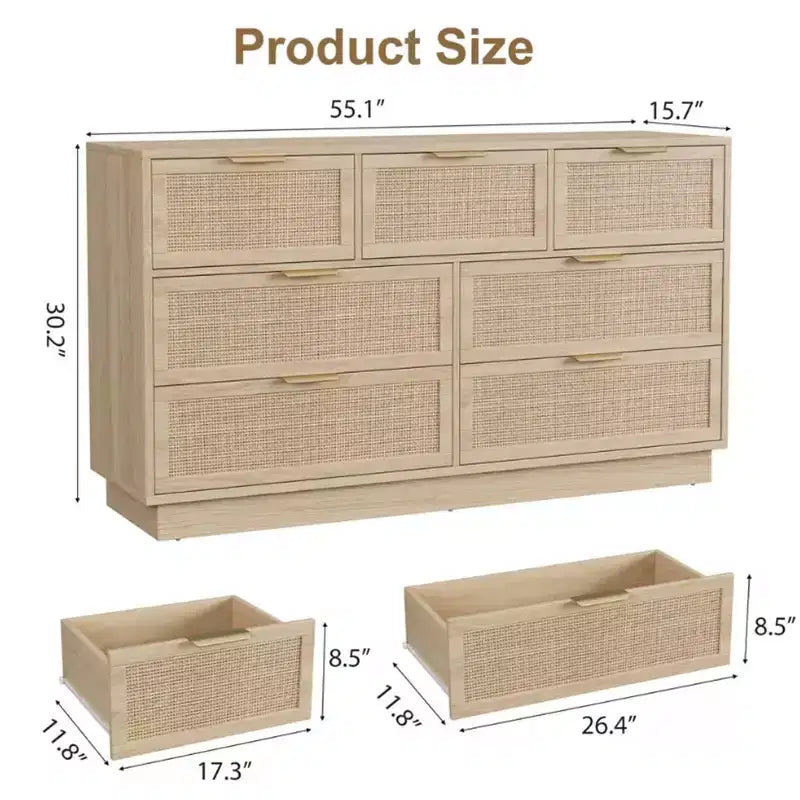 Comò in rattan a 7 cassetti, larghezza 55", con maniglie in metallo e base in legno – Camera da letto e soggiorno