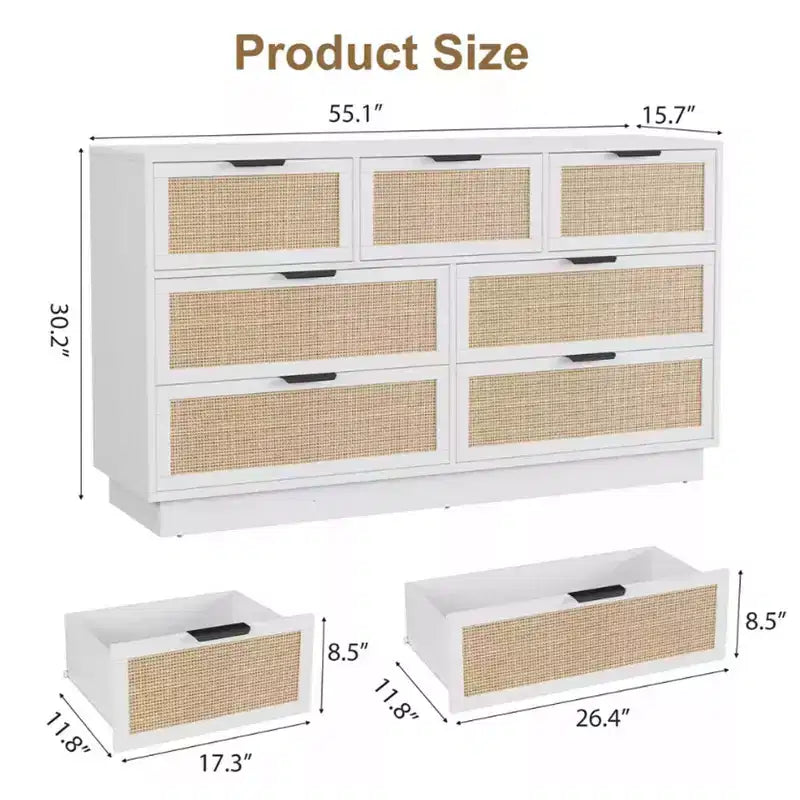 Comò in rattan a 7 cassetti, larghezza 55", con maniglie in metallo e base in legno – Camera da letto e soggiorno