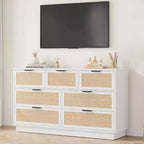 Comò in rattan a 7 cassetti, larghezza 55", con maniglie in metallo e base in legno – Camera da letto e soggiorno