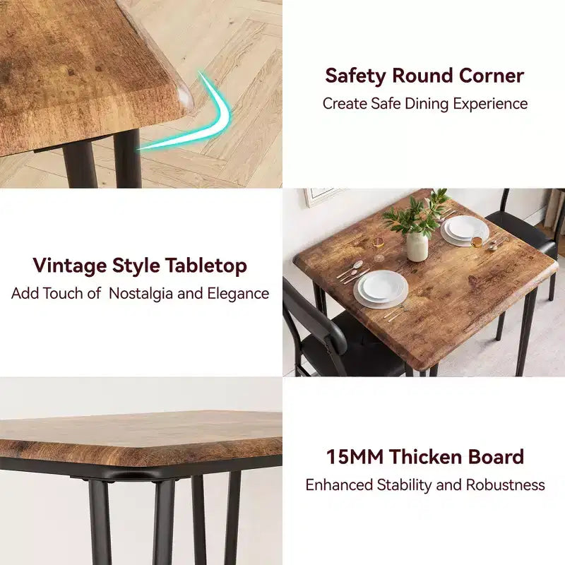 Set da Pranzo Quadrato da 3 Pezzi per 2 Persone – Struttura in Metallo, Piano in MDF e Sedie Imbottite