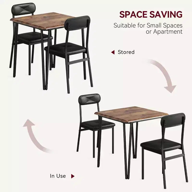 Set da Pranzo Quadrato da 3 Pezzi per 2 Persone – Struttura in Metallo, Piano in MDF e Sedie Imbottite