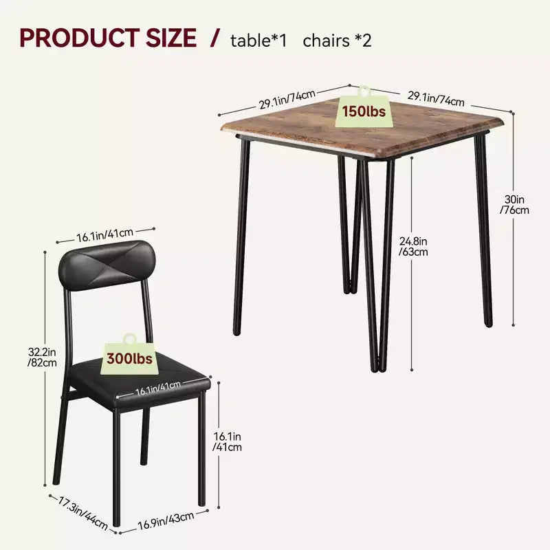 Set da Pranzo Quadrato da 3 Pezzi per 2 Persone – Struttura in Metallo, Piano in MDF e Sedie Imbottite