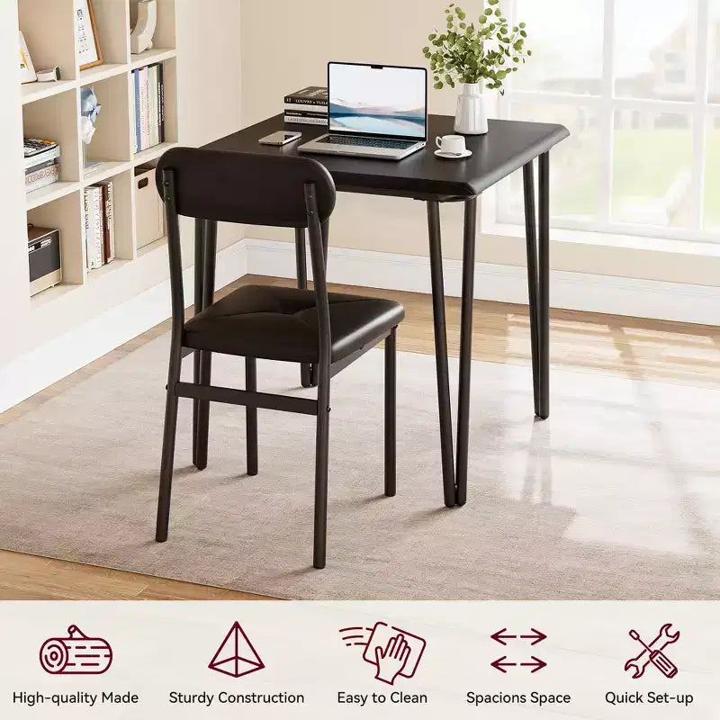 Set da Pranzo Quadrato da 3 Pezzi per 2 Persone – Struttura in Metallo, Piano in MDF e Sedie Imbottite