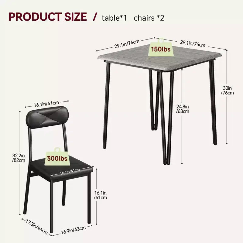 Set da Pranzo Quadrato da 3 Pezzi per 2 Persone – Struttura in Metallo, Piano in MDF e Sedie Imbottite
