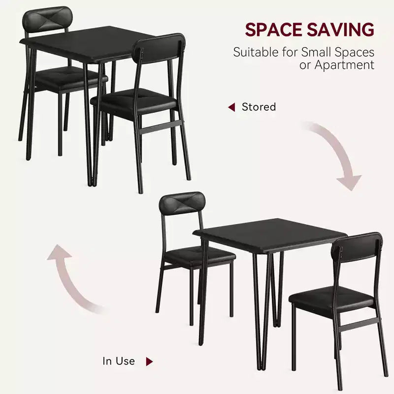 Set da Pranzo Quadrato da 3 Pezzi per 2 Persone – Struttura in Metallo, Piano in MDF e Sedie Imbottite