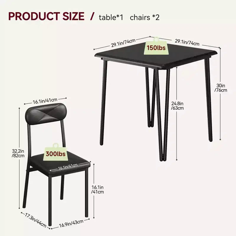 Set da Pranzo Quadrato da 3 Pezzi per 2 Persone – Struttura in Metallo, Piano in MDF e Sedie Imbottite