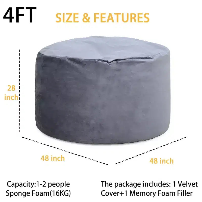 Pouf Gigante da 120 cm per Adulti e Ragazzi – Imbottitura in Gommapiuma Sminuzzata, Tessuto Morbido in Velluto