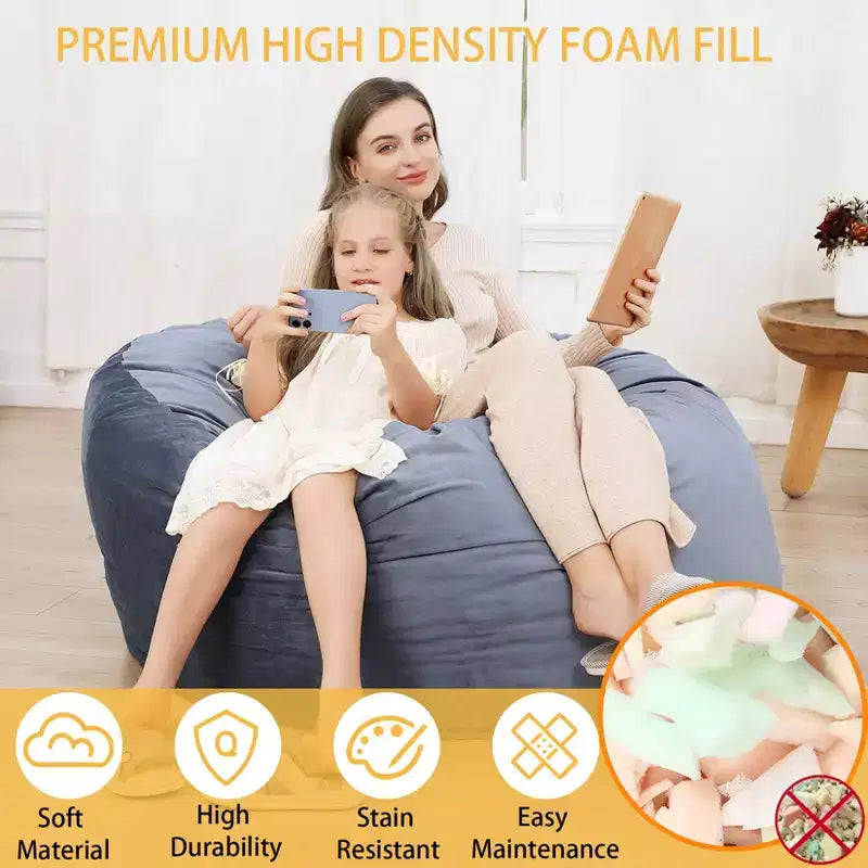 Pouf Gigante da 120 cm per Adulti e Ragazzi – Imbottitura in Gommapiuma Sminuzzata, Tessuto Morbido in Velluto