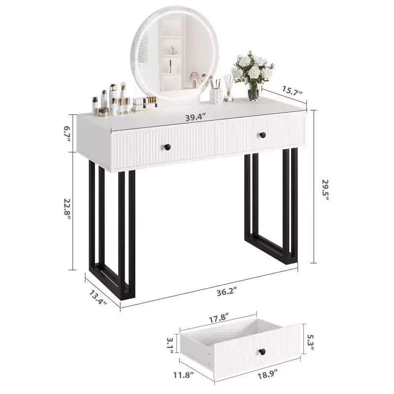 Specchio rotondo LED da trucco con 2 cassetti – Moderna struttura in ferro, bianco