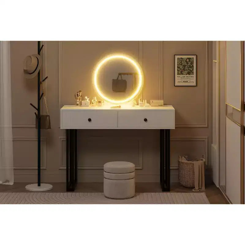 Specchio rotondo LED da trucco con 2 cassetti – Moderna struttura in ferro, bianco