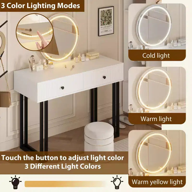 Specchio rotondo LED da trucco con 2 cassetti – Moderna struttura in ferro, bianco