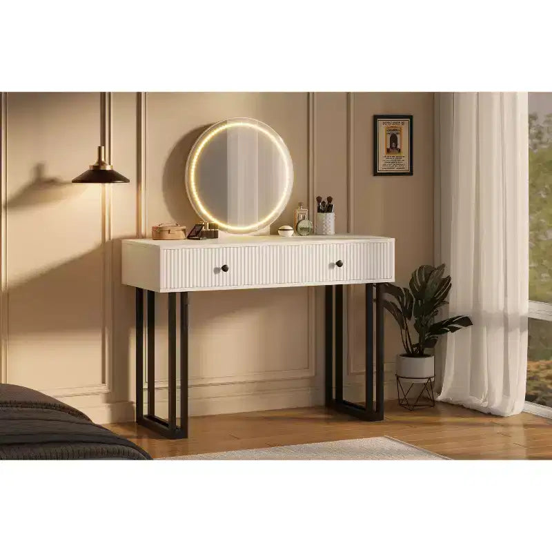 Specchio rotondo LED da trucco con 2 cassetti – Moderna struttura in ferro, bianco