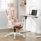 Sedia da ufficio ergonomica in mesh rosa con poggiapiedi, braccioli regolabili, supporto lombare e poggiatesta