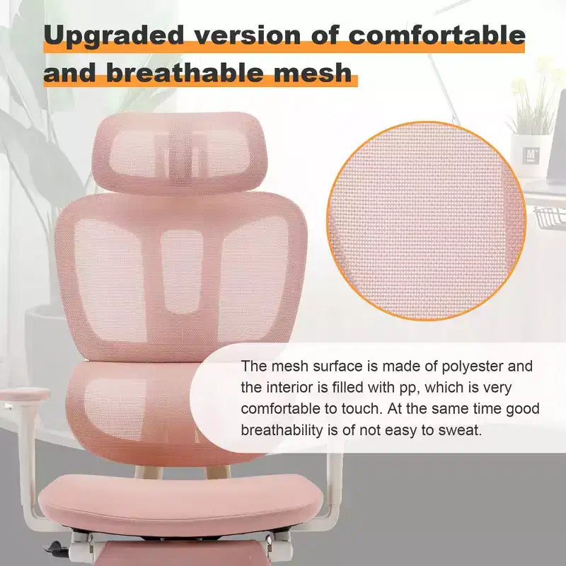Sedia da ufficio ergonomica in mesh rosa con poggiapiedi, braccioli regolabili, supporto lombare e poggiatesta