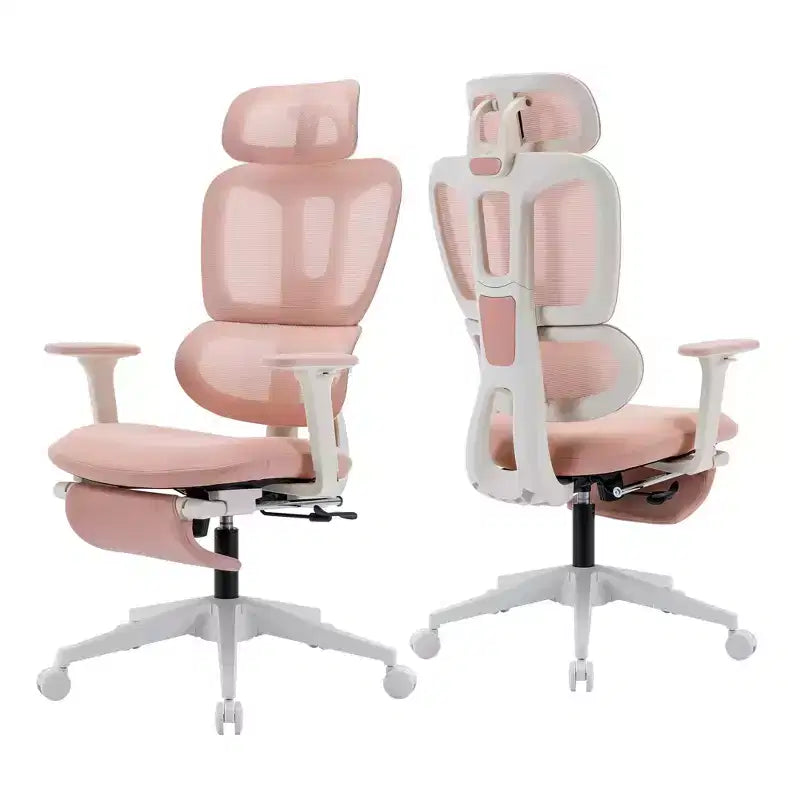 Sedia da ufficio ergonomica in mesh rosa con poggiapiedi, braccioli regolabili, supporto lombare e poggiatesta