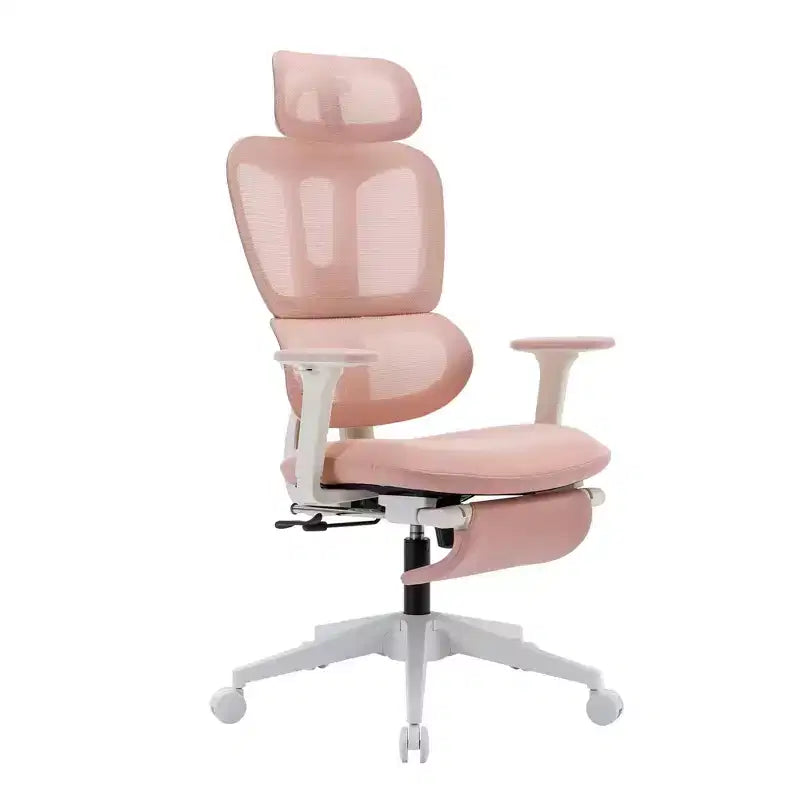Sedia da ufficio ergonomica in mesh rosa con poggiapiedi, braccioli regolabili, supporto lombare e poggiatesta