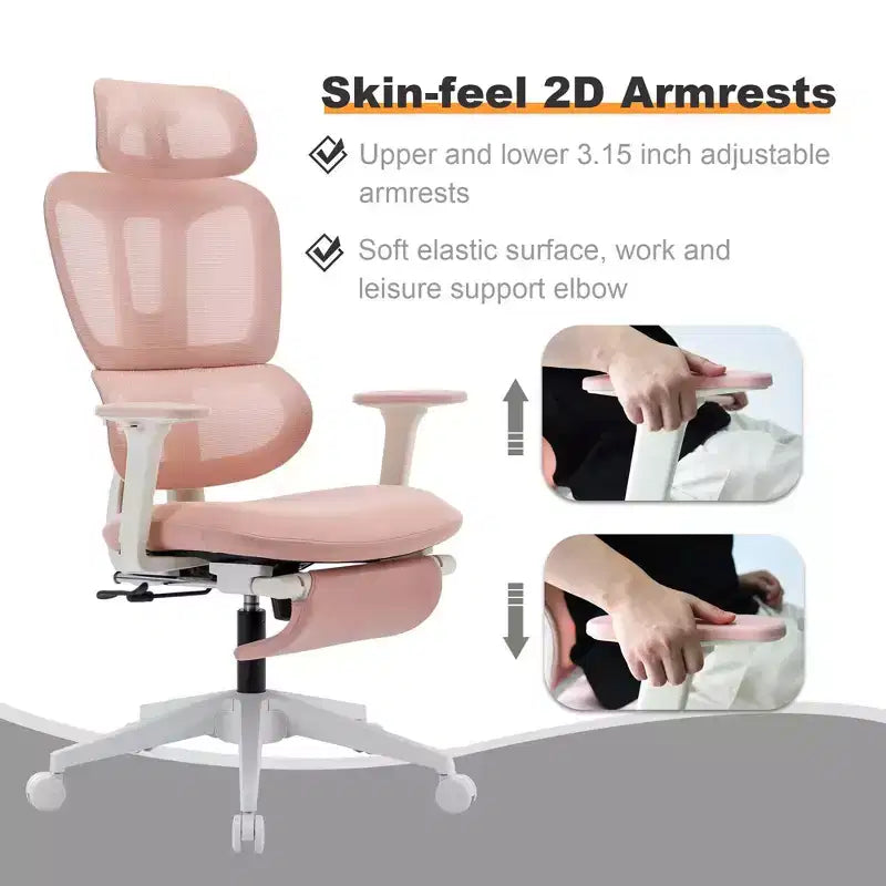 Sedia da ufficio ergonomica in mesh rosa con poggiapiedi, braccioli regolabili, supporto lombare e poggiatesta