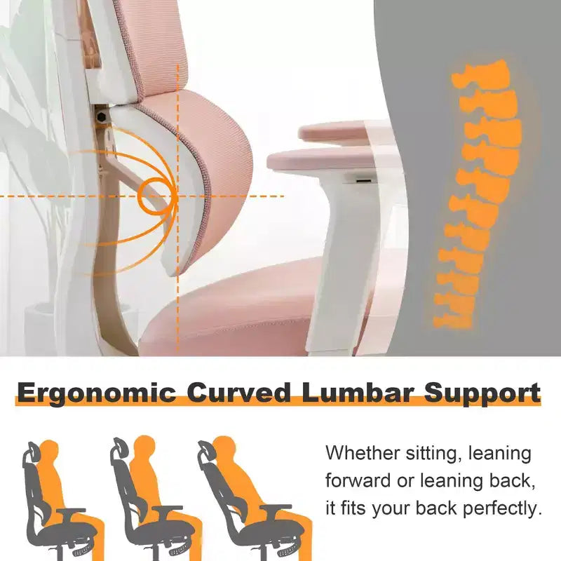 Sedia da ufficio ergonomica in mesh rosa con poggiapiedi, braccioli regolabili, supporto lombare e poggiatesta