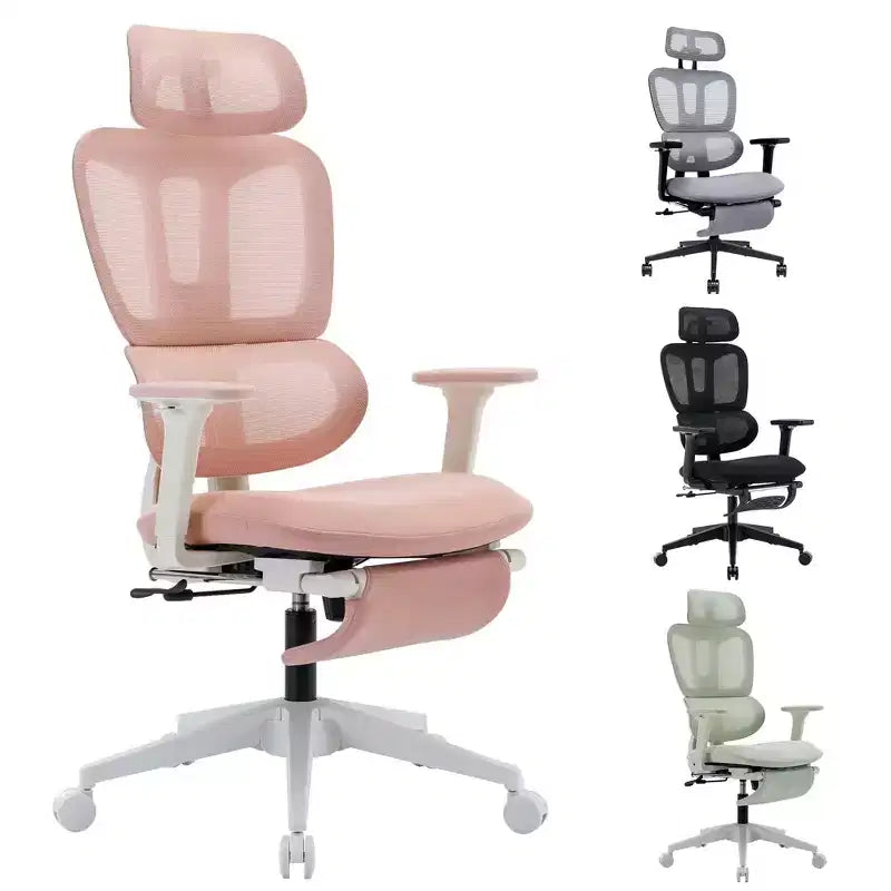 Sedia da ufficio ergonomica in mesh rosa con poggiapiedi, braccioli regolabili, supporto lombare e poggiatesta