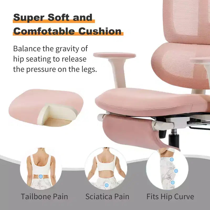Sedia da ufficio ergonomica in mesh rosa con poggiapiedi, braccioli regolabili, supporto lombare e poggiatesta
