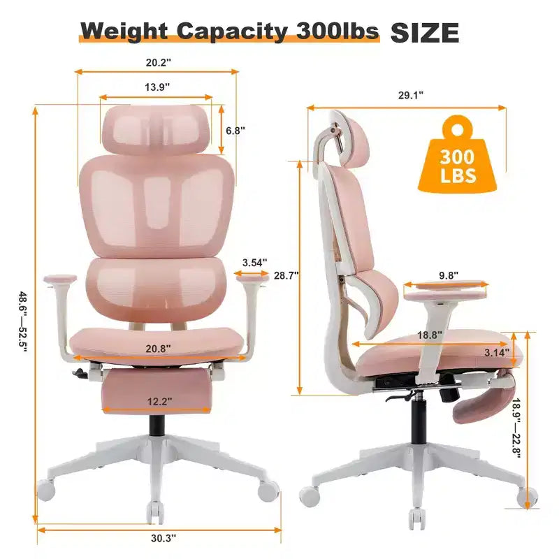 Sedia da ufficio ergonomica in mesh rosa con poggiapiedi, braccioli regolabili, supporto lombare e poggiatesta