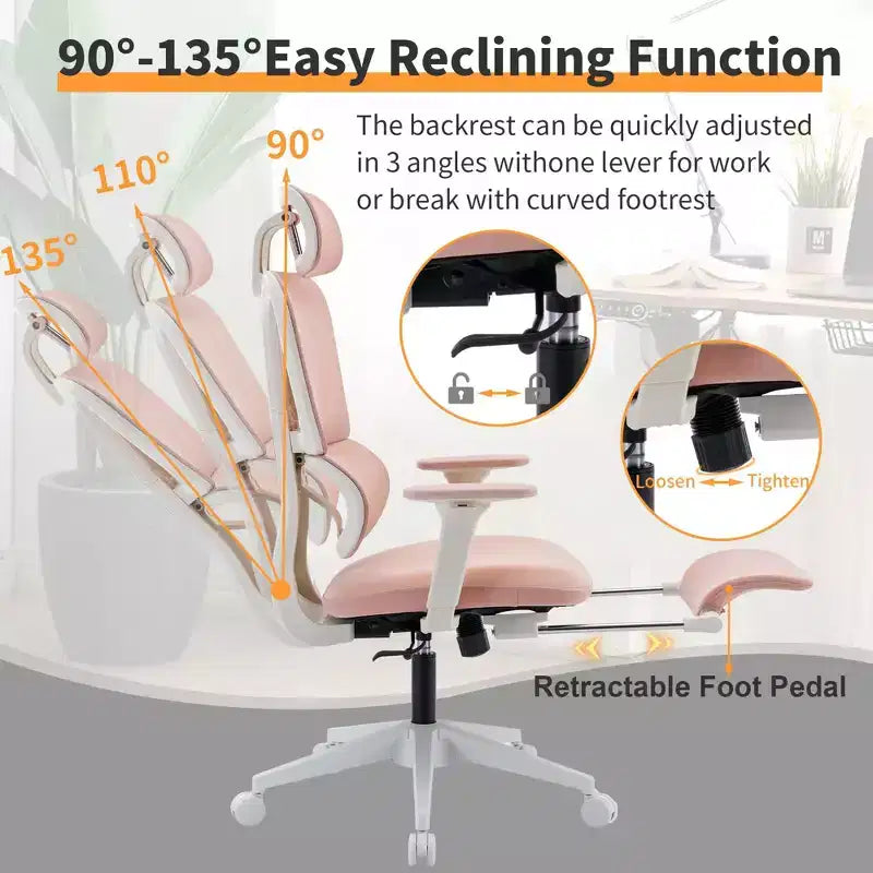 Sedia da ufficio ergonomica in mesh rosa con poggiapiedi, braccioli regolabili, supporto lombare e poggiatesta