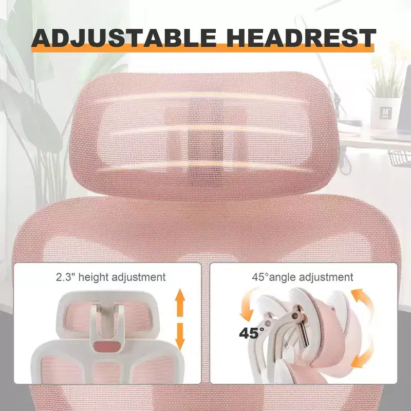 Sedia da ufficio ergonomica in mesh rosa con poggiapiedi, braccioli regolabili, supporto lombare e poggiatesta