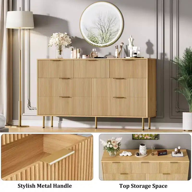 Cassettiera a 7 cassetti scanalati con maniglie dorate – Mobile contenitore moderno per camera da letto e soggiorno