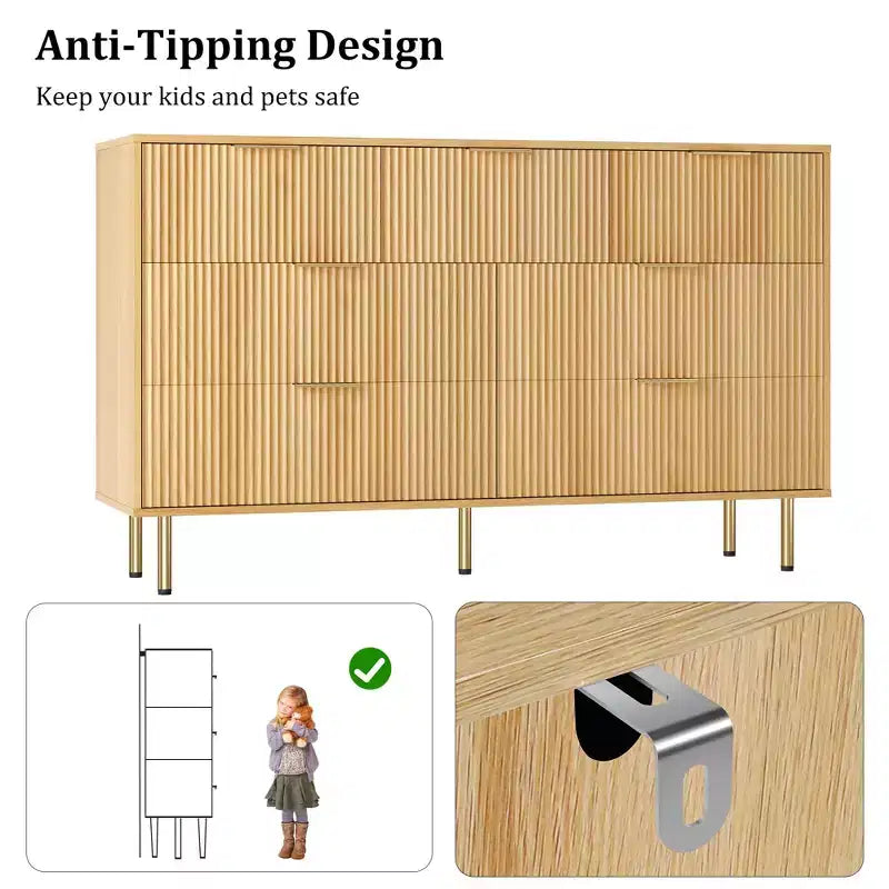 Cassettiera a 7 cassetti scanalati con maniglie dorate – Mobile contenitore moderno per camera da letto e soggiorno