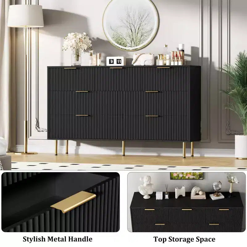 Cassettiera a 7 cassetti scanalati con maniglie dorate – Mobile contenitore moderno per camera da letto e soggiorno
