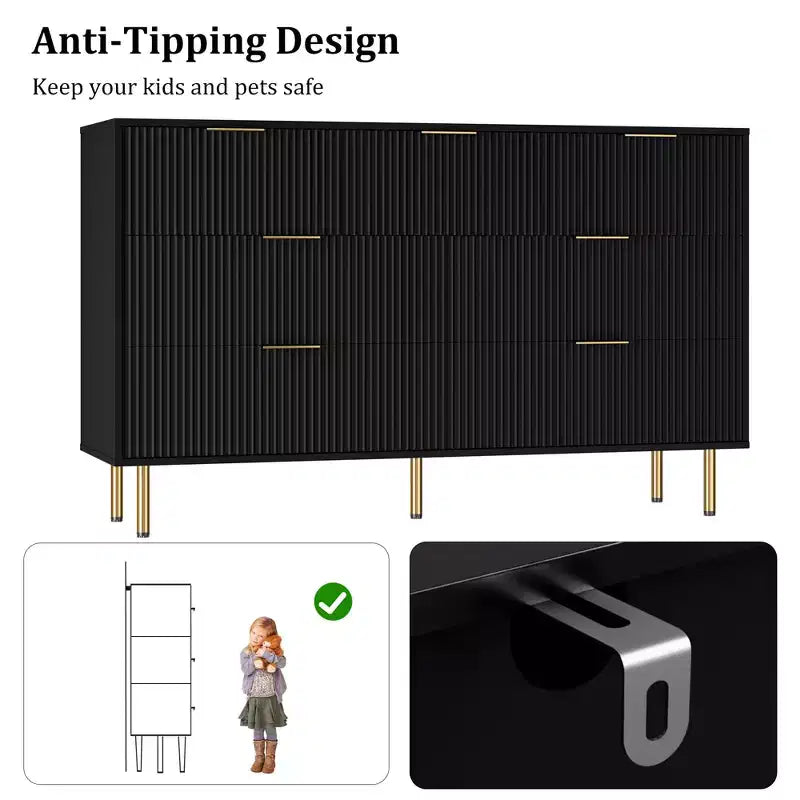 Cassettiera a 7 cassetti scanalati con maniglie dorate – Mobile contenitore moderno per camera da letto e soggiorno