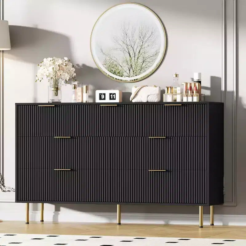 Cassettiera a 7 cassetti scanalati con maniglie dorate – Mobile contenitore moderno per camera da letto e soggiorno