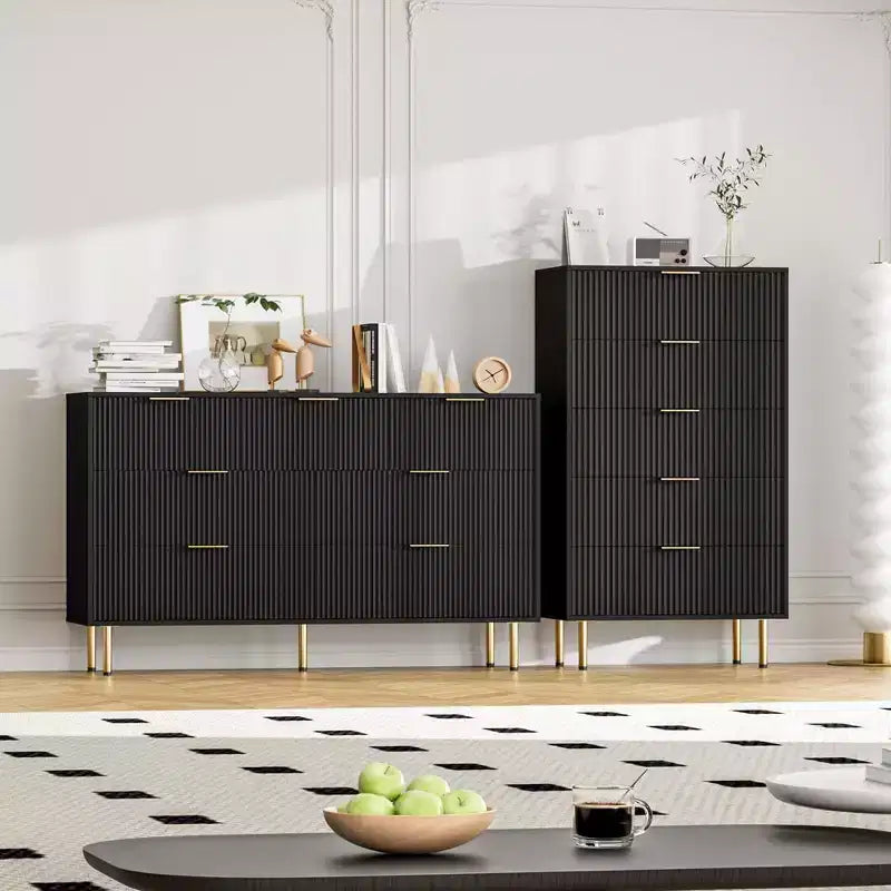 Cassettiera a 7 cassetti scanalati con maniglie dorate – Mobile contenitore moderno per camera da letto e soggiorno