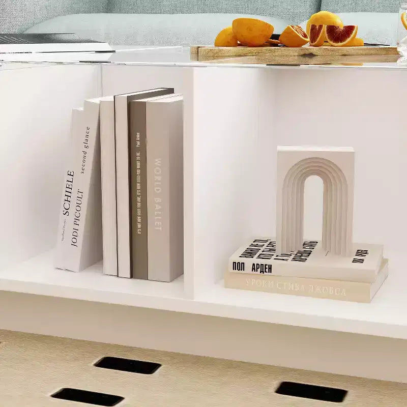 Tavolino da Caffè Bianco Lucido a LED con Cassetto e Scomparti a Giorno
