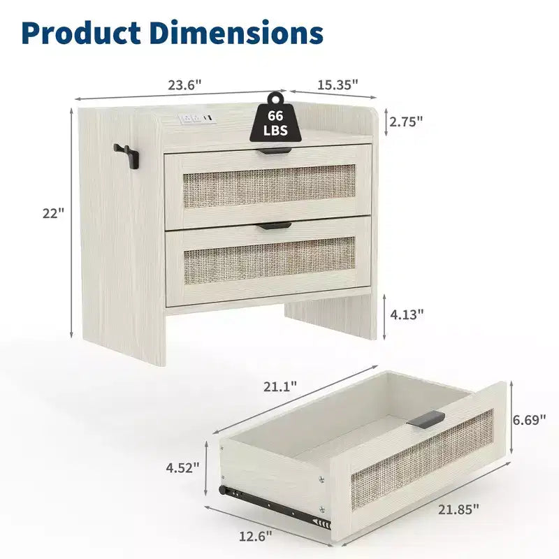 Set di 2 comodini bohémien in stile rattan con stazione di ricarica Type-C e 2 cassetti