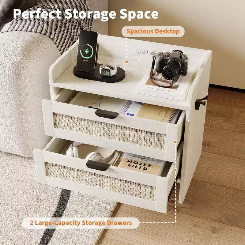 Set di 2 comodini bohémien in stile rattan con stazione di ricarica Type-C e 2 cassetti