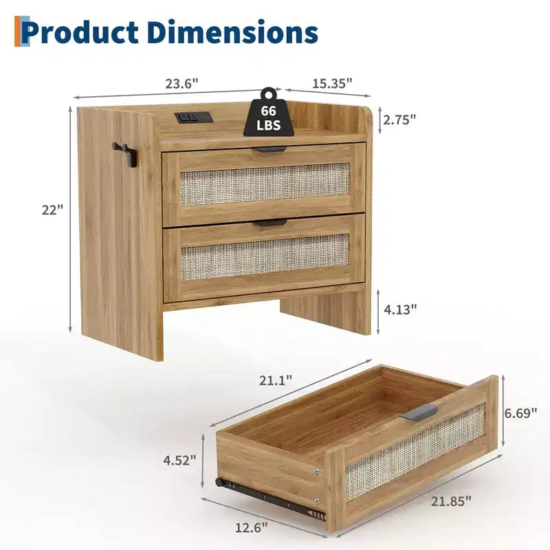 Set di 2 comodini bohémien in stile rattan con stazione di ricarica Type-C e 2 cassetti